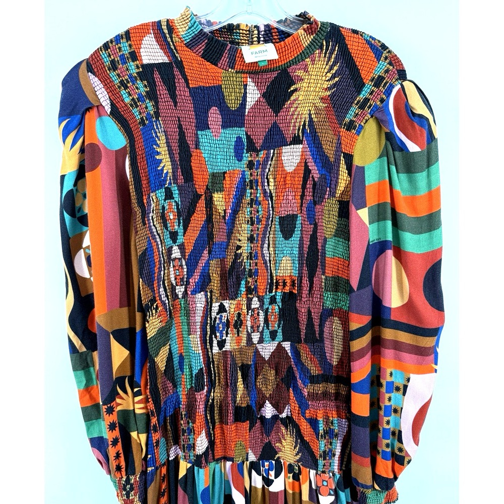 Farm Rio Dress Womens Large Tropical Geo Smocked Midi High Neck Puff Sleeve